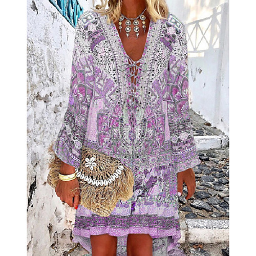 

Women's 2020 Asymmetrical Purple Green Summer Dress Boho Shift Floral Print V Neck Drawstring S M Loose