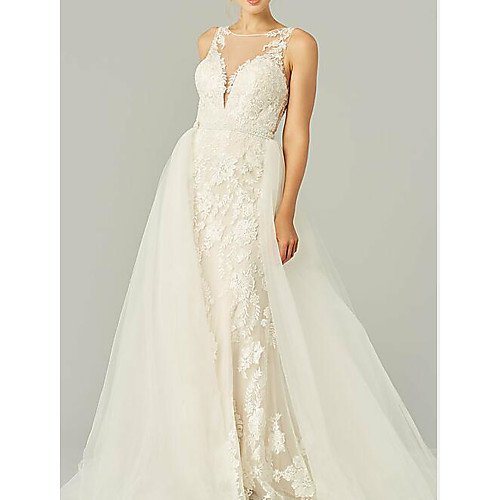 

A-Line Jewel Neck Sweep / Brush Train Lace / Tulle Sleeveless Country See-Through / Plus Size Wedding Dresses with Lace / Embroidery 2020