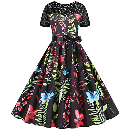 

Women's Black Dress Sexy Daily Going out Sheath Floral Print Color Block Lace Patchwork Print S M