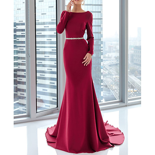 

Mermaid / Trumpet Boat Neck Court Train Satin Elegant / Red Engagement / Formal Evening Dress with Sash / Ribbon 2020