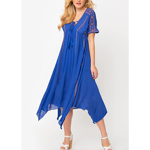 

Women's 2020 Asymmetrical Blue Dress Summer Chiffon Swing Solid Color Deep V M L