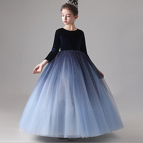 

Ball Gown Floor Length Party / Pageant Flower Girl Dresses - POLY / Velvet Long Sleeve Jewel Neck with Lace / Tier