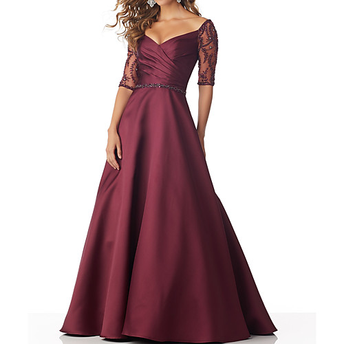 

A-Line V Neck Floor Length Satin Half Sleeve Sexy Mother of the Bride Dress with Sash / Ribbon / Beading Mother's Day 2020