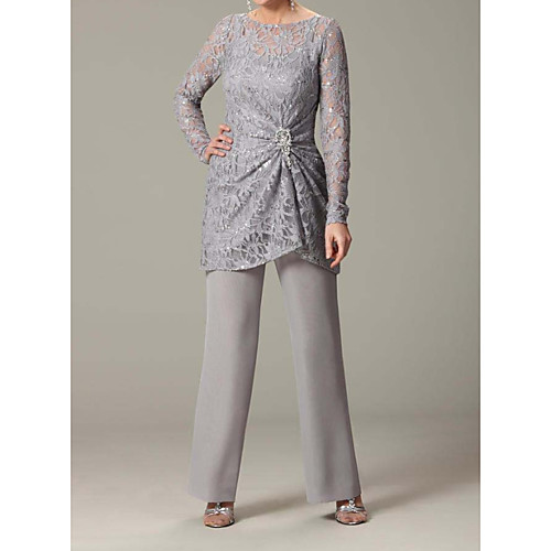 

Pantsuit / Jumpsuit Jewel Neck Floor Length / Knee Length Chiffon / Lace Long Sleeve Elegant Mother of the Bride Dress with Beading / Sequin Mother's Day 2020