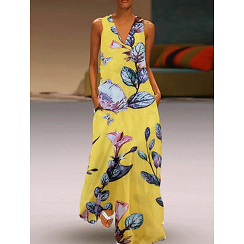 

Women's Yellow White Dress Elegant Sheath Floral S M