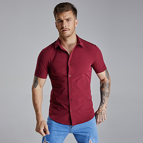 

Men's Daily Work Business / Basic Shirt - Color Block / Solid Colored Black & White, Patchwork Wine