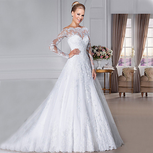 

A-Line Off Shoulder Court Train Organza Long Sleeve Sexy See-Through Wedding Dresses with Appliques 2020