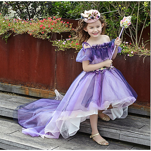 

Ball Gown Chapel Train Party / Birthday Flower Girl Dresses - Tulle Sleeveless Off Shoulder with Lace / Pleats / Tier