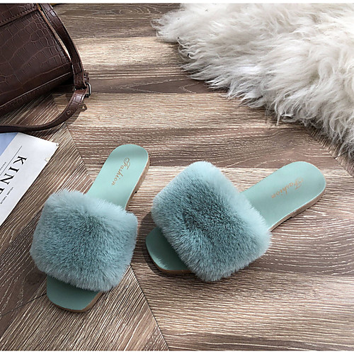 

Women's Slippers & Flip-Flops Flat Heel Open Toe Rabbit Fur Summer Pink / Khaki / Green
