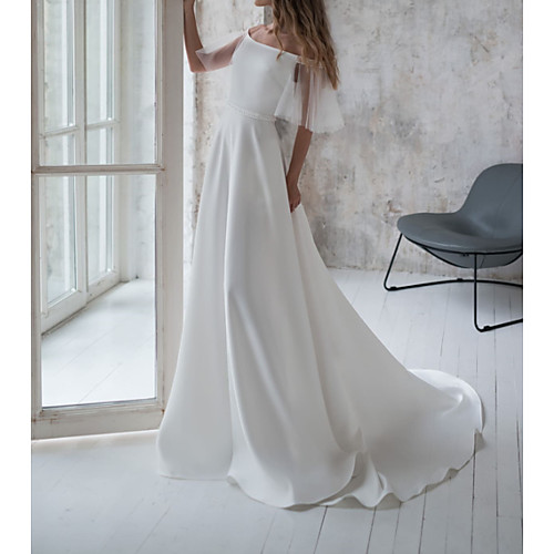 

A-Line Off Shoulder Sweep / Brush Train Stretch Satin Short Sleeve Country Illusion Sleeve Wedding Dresses with Draping 2020