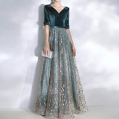 

A-Line V Neck Floor Length Polyester Sparkle / Turquoise / Teal Wedding Guest / Prom Dress with Sequin 2020