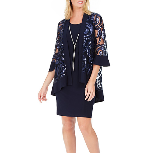 

Sheath / Column Mother of the Bride Dress Elegant Sparkle & Shine Jewel Neck Knee Length Tulle Jersey 3/4 Length Sleeve with Beading Sequin 2020