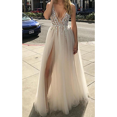 

Bohemian Wedding Dresses 2020 Beaded Deep V Neck Boho Bridal Gown A Line Side Split Tulle Floor Length