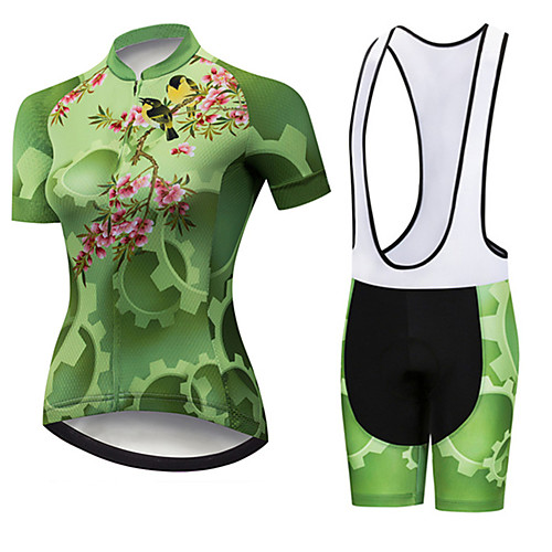 

21Grams Women's Short Sleeve Cycling Jersey with Bib Shorts Black / Green Floral Botanical Bird Gear Bike Clothing Suit Breathable 3D Pad Quick Dry Ultraviolet Resistant Sweat-wicking Sports Floral