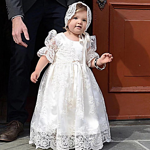 

Princess Floor Length First Communion Christening Gowns - POLY Half Sleeve Jewel Neck with Lace / Bow(s) / Appliques
