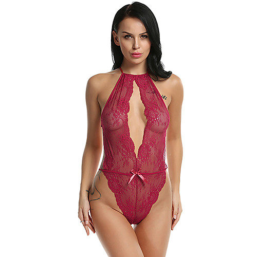 

Women's Lace / Mesh Sexy Babydoll & Slips / Bodysuits Nightwear Floral / Solid Colored / Embroidered Wine Purple Fuchsia S M L / V Neck