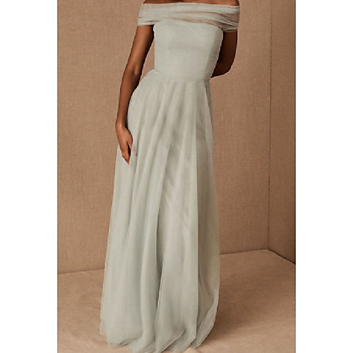 

A-Line Off Shoulder Floor Length Tulle Bridesmaid Dress with Pleats / Bandage