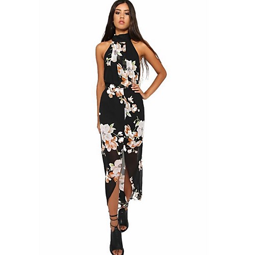 

Women's Maxi A Line Dress - Sleeveless Floral Black S M L XL