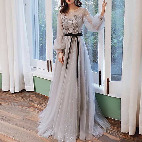 

Appliques A-Line Floral Luxurious Long Illusion Sleeve Jewel Neck Sweep Brush Train Tulle Engagement Prom Dress