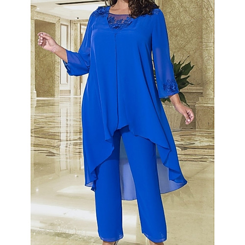 

Pantsuit / Jumpsuit Jewel Neck Floor Length Lace / Satin Long Sleeve Elegant Mother of the Bride Dress with Lace / Appliques Mother's Day 2020