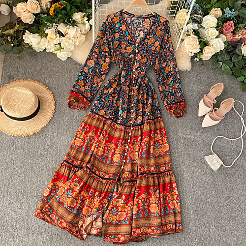 

Women's Yellow Red Dress Boho Spring & Summer Holiday Beach A Line Floral One-Size