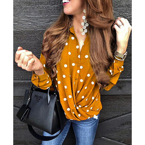 

Women's Daily Shirt - Polka Dot Criss Cross / Print Shirt Collar Yellow