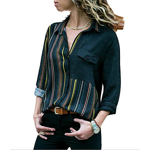 

Women's Daily Plus Size Shirt - Striped Patchwork / Print Shirt Collar Yellow