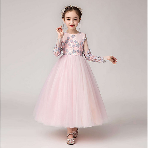 

A-Line Ankle Length Formal Evening / Pageant Flower Girl Dresses - Polyester / Tulle Long Sleeve Jewel Neck with Appliques