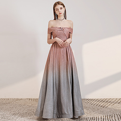 

A-Line Off Shoulder Floor Length Sequined Color Block / Sparkle Engagement / Formal Evening Dress with Sequin 2020