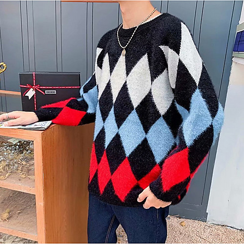 

Men's Geometric Long Sleeve Pullover Sweater Jumper, Round Neck Purple / Green / Black US34 / UK34 / EU42 / US36 / UK36 / EU44 / US38 / UK38 / EU46