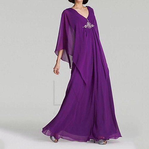 

A-Line V Neck Floor Length Chiffon 3/4 Length Sleeve Elegant Mother of the Bride Dress with Beading / Sequin Mother's Day 2020