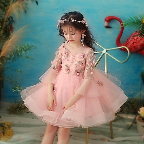 

A-Line Knee Length Wedding / Party Flower Girl Dresses - Polyester 3/4 Length Sleeve Jewel Neck with Appliques / Flora