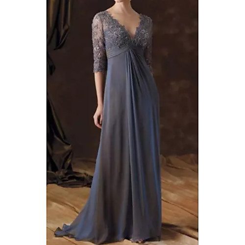

A-Line V Neck Sweep / Brush Train Chiffon Half Sleeve Elegant Mother of the Bride Dress with Pleats Mother's Day 2020