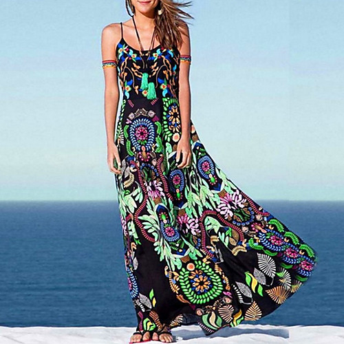 

Women's Black Dress Swing Print Strap V Neck S M / Cotton