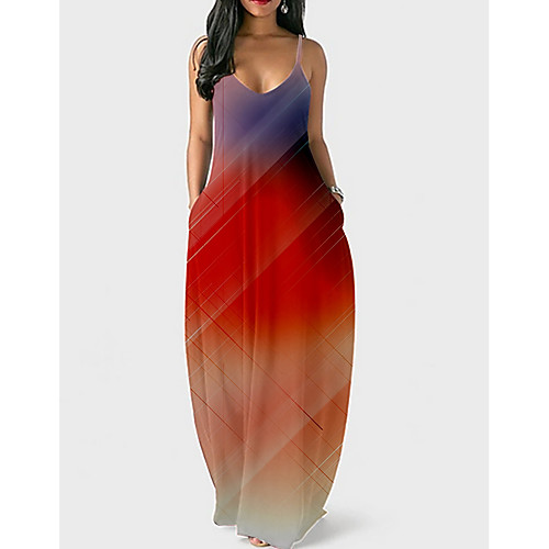 

Women's Maxi Shift Dress - Sleeveless Color Block Strap Orange M L XL XXL XXXL