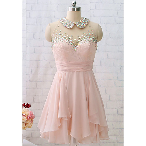 

A-Line Flirty Pink Homecoming Cocktail Party Dress Illusion Neck Sleeveless Short / Mini Chiffon with Pleats Beading 2020