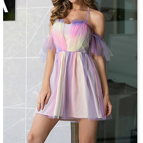 

Women's Green Rainbow Dress Casual Elegant Spring & Summer Party Daily A Line Print Rainbow Off Shoulder Strap Ruffle S M Slim