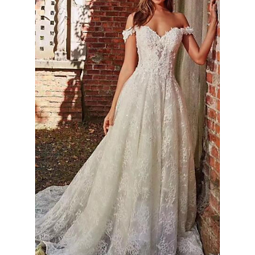 

A-Line Wedding Dresses Off Shoulder Sweep / Brush Train Polyester Cap Sleeve Country Plus Size with Lace Insert Appliques 2020