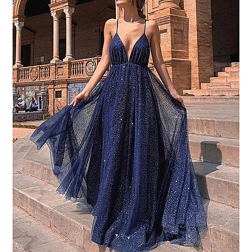 

A-Line Spaghetti Strap Sweep / Brush Train Tulle Sparkle / Blue Party Wear / Formal Evening Dress with Pleats / Sequin 2020