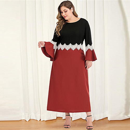 

Women's Plus Size Maxi Black & Red A Line Dress - Long Sleeve Color Block Lace Patchwork Spring & Summer Fall & Winter Casual Elegant Daily Going out Flare Cuff Sleeve Loose Red L XL XXL