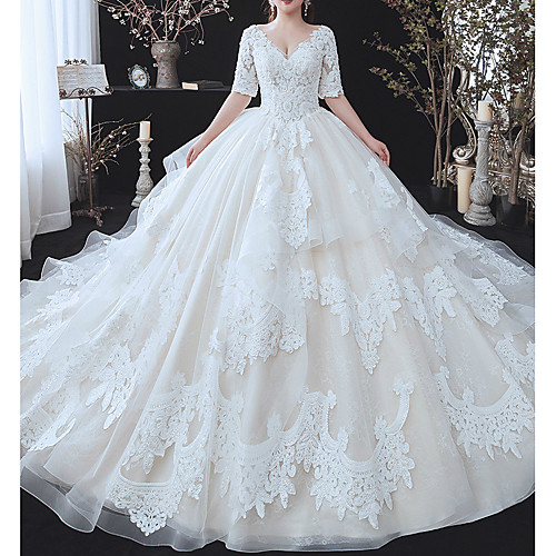 

Ball Gown V Neck Watteau Train Lace / Tulle Half Sleeve Formal Wedding Dress in Color Wedding Dresses with Ruffles / Appliques 2020