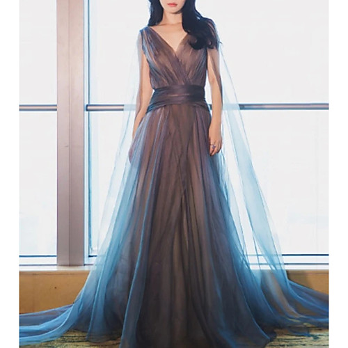 

A-Line V Neck Floor Length Tulle Minimalist / Blue Engagement / Formal Evening Dress with Pleats 2020