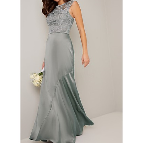 

Mermaid / Trumpet Jewel Neck Floor Length Lace / Charmeuse Bridesmaid Dress with Lace / Ruching