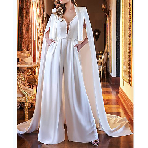 

Two Piece / Jumpsuits V Neck Sweep / Brush Train Polyester Sleeveless Country Plus Size Wedding Dresses with Crystals 2020