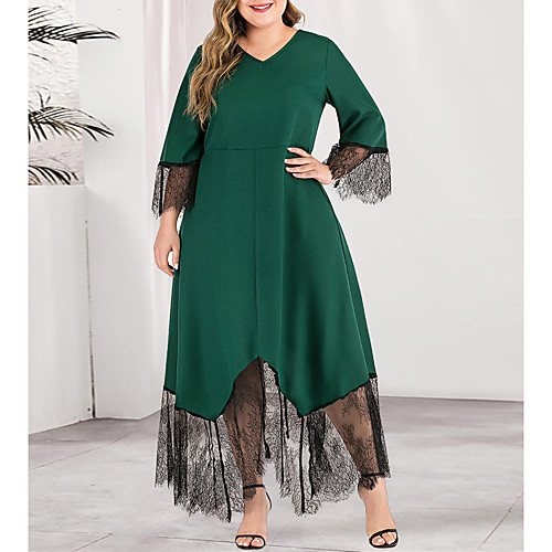 

Women's Plus Size Maxi A Line Dress - Long Sleeve Solid Color Lace Spring & Summer Fall & Winter V Neck Deep U Casual Elegant Party Daily Flare Cuff Sleeve Belt Not Included Green L XL XXL XXXL XXXXL