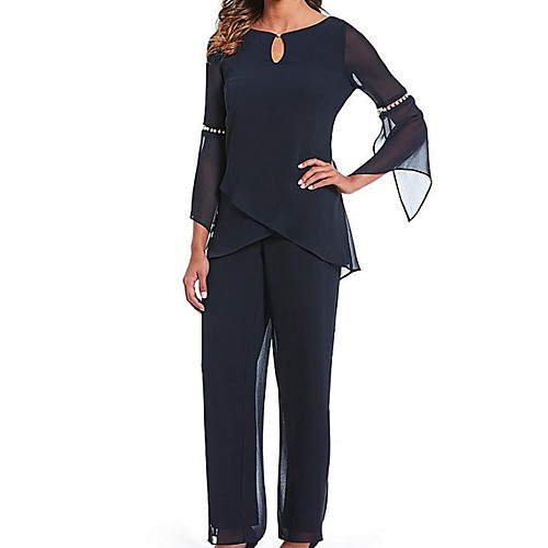 

Pantsuit / Jumpsuit Jewel Neck Floor Length Chiffon 3/4 Length Sleeve Elegant Mother of the Bride Dress with Beading Mother's Day 2020