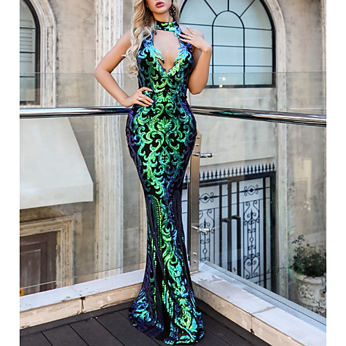 

Sequin Mermaid Trumpet Sparkle Green Sleeveless Halter Neck Floor Length Spandex Wedding Guest Formal Evening Dress