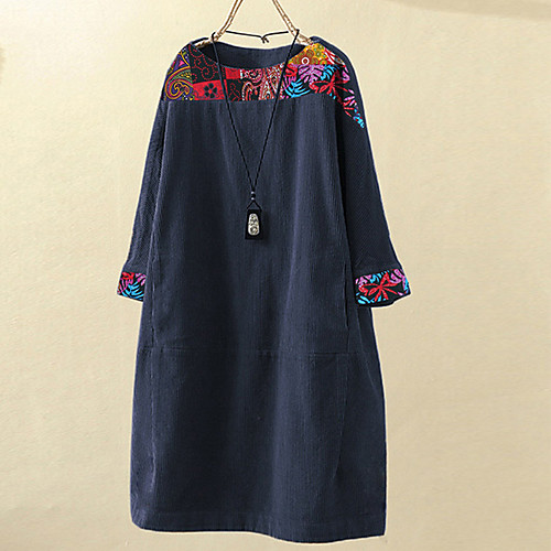 

Women's Red Navy Blue Dress Vintage Style Casual Daily Loose Color Block Print Basic M L