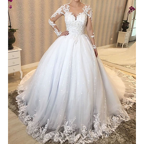 

A-Line V Neck Sweep / Brush Train Polyester / Lace / Tulle Long Sleeve Country Plus Size Wedding Dresses with Beading / Embroidery / Appliques 2020