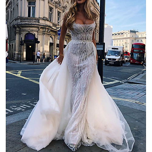 

A-Line Wedding Dresses Scoop Neck Court Train Detachable Tulle Sleeveless Country Plus Size with Draping Appliques 2020